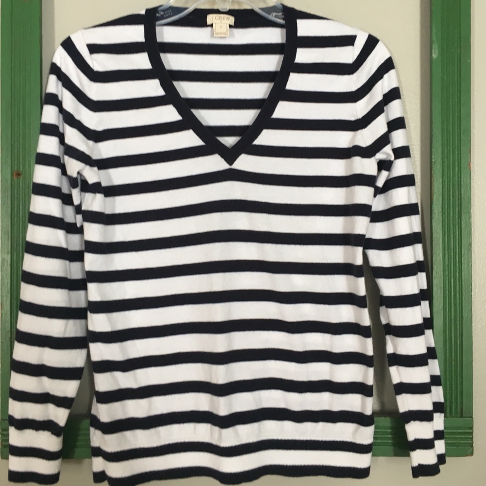 J. Crew v-neck sweater. Navy and white striped.